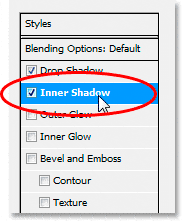 Efectos de texto de Adobe Photoshop: elija 'Sombra interior' de la lista de estilos de capa a la izquierda