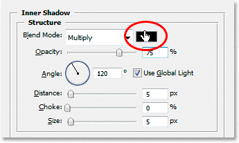Efectos de texto de Adobe Photoshop: hacer clic en la muestra de color para el estilo de capa Sombra interior