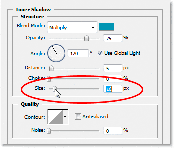 Efectos de texto de Adobe Photoshop: aumento del tamaño del efecto Sombra interior.