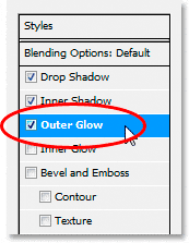 Efectos de texto de Adobe Photoshop: elija 'Resplandor exterior' de la lista de estilos de capa a la izquierda