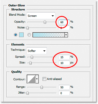 Efectos de texto de Adobe Photoshop: Realización de cambios en las opciones de Resplandor exterior.