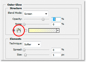 Efectos de texto de Adobe Photoshop: hacer clic en la muestra de color para el estilo de capa Resplandor exterior