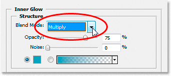 Efectos de texto de Adobe Photoshop: cambie el modo de fusión del brillo interior a 'Multiplicar'.