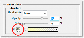 Efectos de texto de Adobe Photoshop: hacer clic en la muestra de color para el estilo de capa Resplandor interior