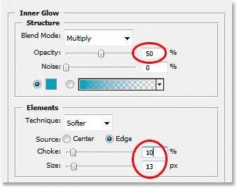 Efectos de texto de Adobe Photoshop: Cambio de las opciones de Resplandor interior.