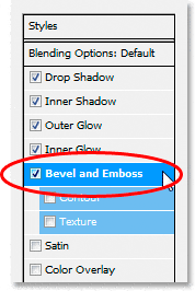 Efectos de texto de Adobe Photoshop: elija 'Bisel y relieve' de la lista de estilos de capa a la izquierda