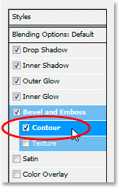 Efectos de texto de Adobe Photoshop: haga clic directamente en las palabras 'Contorno' en el menú de la izquierda.