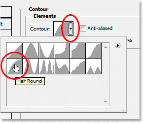 Efectos de texto de Adobe Photoshop: Seleccione la opción de contorno 'Half Round'.