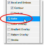 Efectos de texto de Adobe Photoshop: elija 'Satin' de la lista de estilos de capa a la izquierda