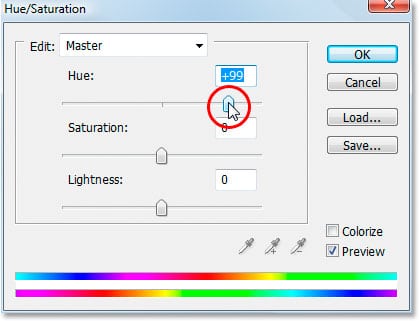 Efectos de texto de Adobe Photoshop: arrastre el control deslizante 'Tono' en el cuadro de diálogo 'Tono/Saturación'.