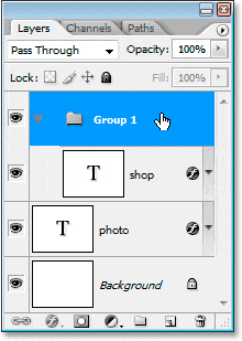 Efectos de texto de Adobe Photoshop: Colocación de la capa 'detención' en un grupo de capas.