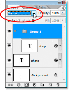 Efectos de texto de Adobe Photoshop: cambie el modo de fusión del grupo de capas de 'Pasar a través' a 'Normal'.