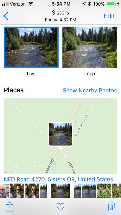 Una captura de pantalla del uso del mapa del iPhone para explorar ubicaciones de fotografías de paisajes