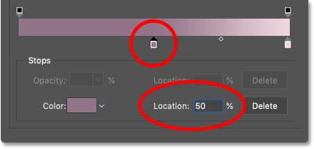 Cambiar la ubicación del color de degradado izquierdo al 50 por ciento en el editor de degradado de Photoshop