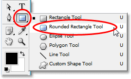 Imagen del tutorial de Adobe Photoshop: Selección de la herramienta Rectángulo redondeado de la paleta Herramientas en Photoshop.