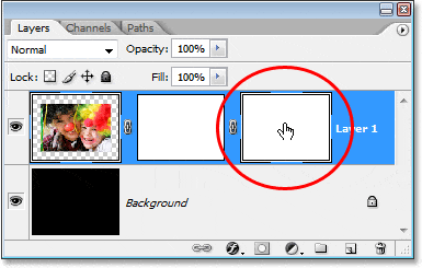 Imagen del tutorial de Adobe Photoshop: haga clic en la miniatura de la máscara vectorial para seleccionarla en la paleta Capas en Photoshop.
