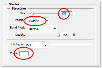 Imagen del tutorial de Adobe Photoshop: configuración de las opciones para el trazo en el cuadro de diálogo Estilo de capa.