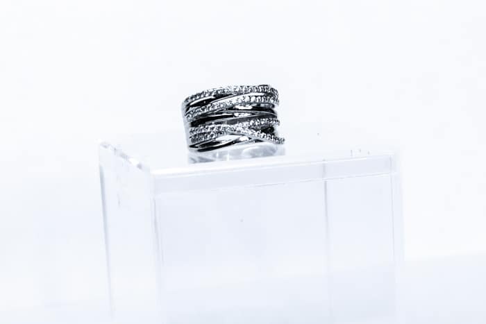 Jewelry product photo close up of a silver ring on a display box