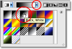 Seleccionando el degradado de blanco a negro en la barra de opciones de Photoshop.