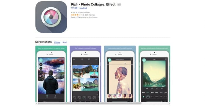Una captura de pantalla de la página de inicio de PIxlr, las mejores aplicaciones para iPhone y teléfono inteligente