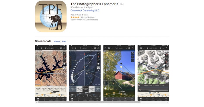 captura de pantalla de la aplicación de fotografía Photographers Ephemeris