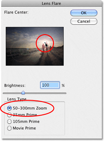 El cuadro de diálogo Lens Flare en Photoshop.