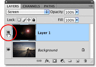 El icono de visibilidad de la capa para la Capa 1 en Photoshop.