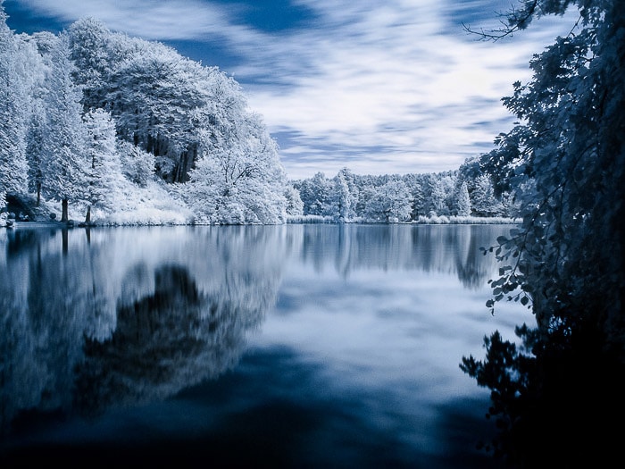 Una vista de fotografía infrarroja del estanque en el Domaine Solvay (La Hulpe, Bélgica).