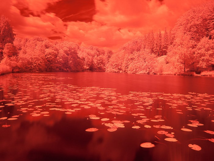 Un llamativo estanque rojo en el Chateau de la Hulpe, Bélgica, capturado mediante fotografía infrarroja