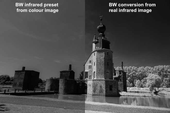 Imagen dividida que muestra una comparación entre el uso del preajuste de infrarrojos en blanco y negro en una imagen en color y una conversión monocromática de una imagen de infrarrojos real.