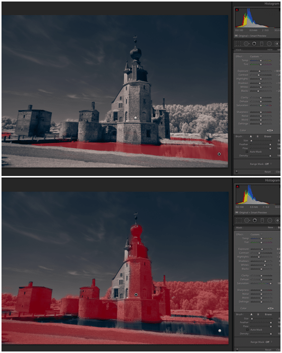 Captura de pantalla dividida con la herramienta Pincel en Lightroom para editar fotografías con infrarrojos