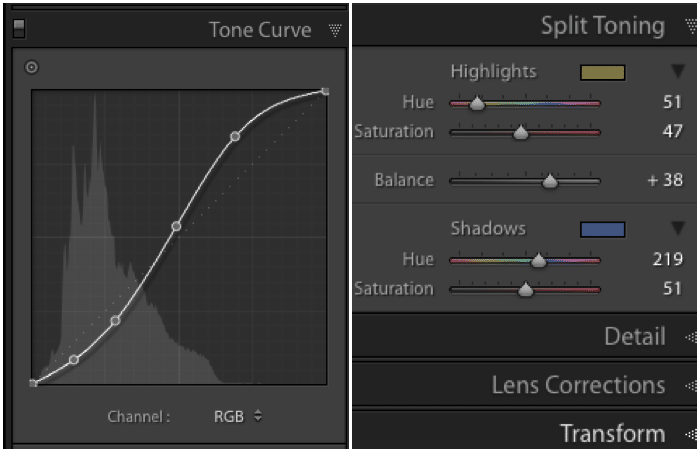 Una captura de pantalla de la configuración predeterminada para el preajuste B & amp; W Split Tone para editar fotos con infrarrojos