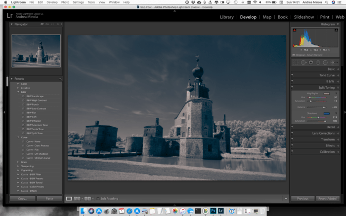 Captura de pantalla de cómo modificar la configuración en el panel Tono dividido para editar fotos por infrarrojos