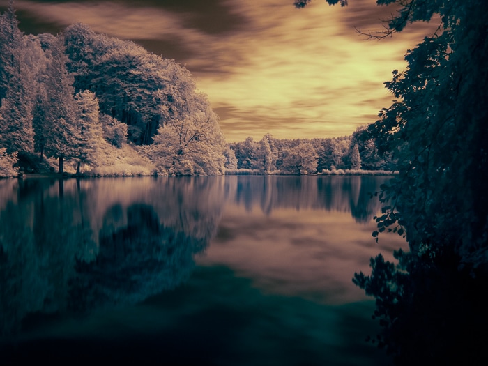 La imagen final de la fotografía infrarroja editada de un estanque en Bélgica