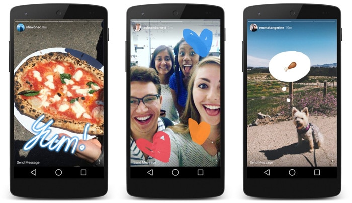 Tres pantallas de cámaras de teléfonos inteligentes que muestran diferentes historias de Instagram