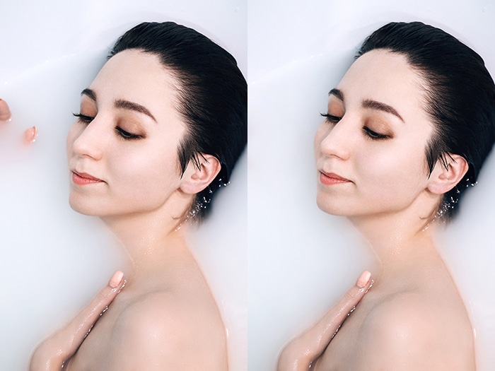 Un díptico fotográfico de un baño de leche que muestra antes y después de editar una foto de una modelo femenina 