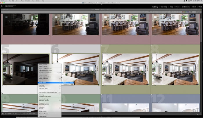 Captura de pantalla que muestra cómo acceder a la herramienta Photo Merge a través de los menús de Lightroom.