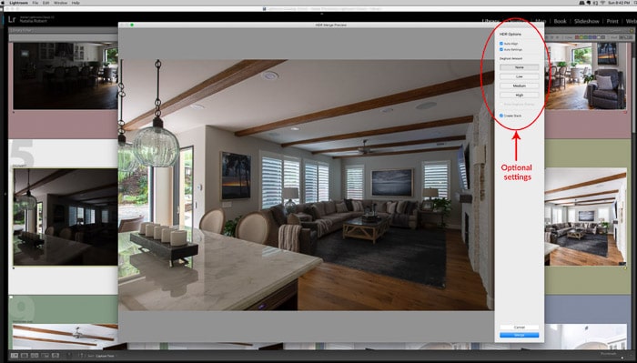 Captura de pantalla que muestra una ventana emergente para la herramienta Photo Merge.- Lightroom HDR