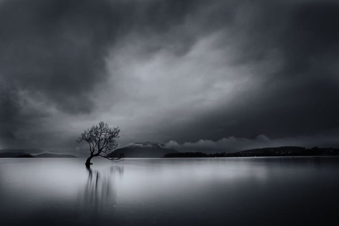 Una fotografía de paisaje minimalista en blanco y negro con un árbol solitario en el agua bajo un espectacular cielo nublado