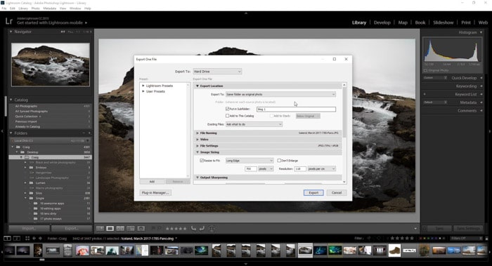 Una captura de pantalla que muestra cómo exportar fotos en Lightroom
