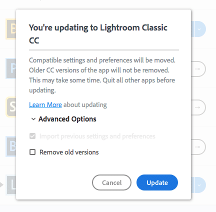 Una captura de pantalla de la actualización de Lightroom 6 a Lightroom cc