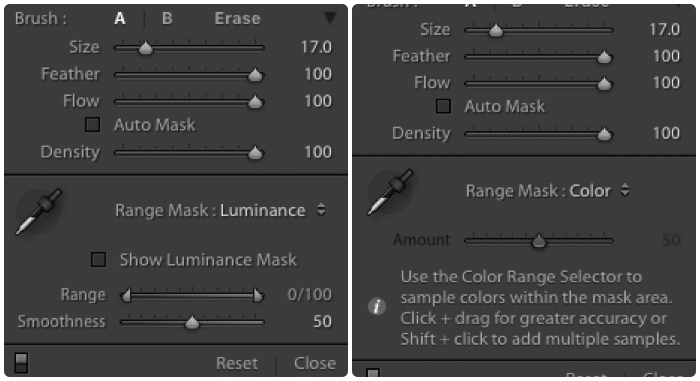 Una captura de pantalla dividida que muestra la diferencia entre Máscara automática y Máscara de rango en Lightroom