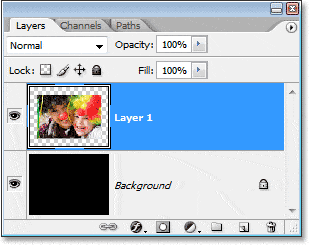 Imagen del tutorial de Adobe Photoshop: paleta de capas de Photoshop que muestra la foto en la 'Capa 1' sobre la capa de fondo.