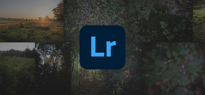 Collage de fotografía de naturaleza con logo de adobe lightroom