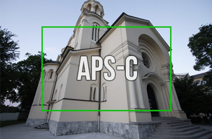 Una fotografía del exterior de una iglesia, con un cuadrado verde superpuesto para comprar el tamaño del cultivo APS-C