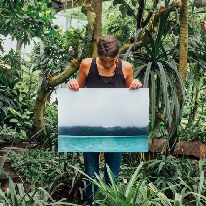 Un hombre sosteniendo una gran fotografía impresa en un bosque al aire libre, examinando megapíxeles y cuánto necesita.
