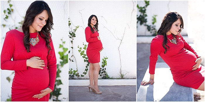 Tríptico foto de una mujer embarazada en rojo en diferentes poses de fotografía de maternidad