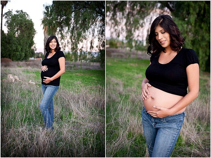 Díptico Retrato de una mujer embarazada al aire libre en diferentes poses de fotografía de maternidad