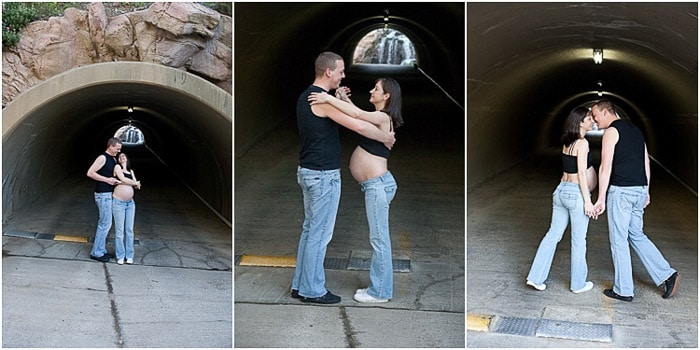 Tríptico retrato de una pareja posando al aire libre por un túnel de carretera para una sesión de fotografía de maternidad