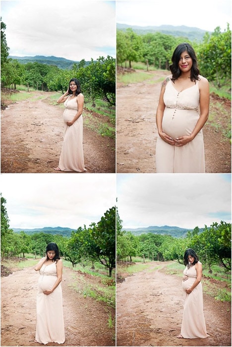 Cuadrícula de 4 fotos de una mujer en diferentes poses de maternidad al aire libre en un paisaje natural